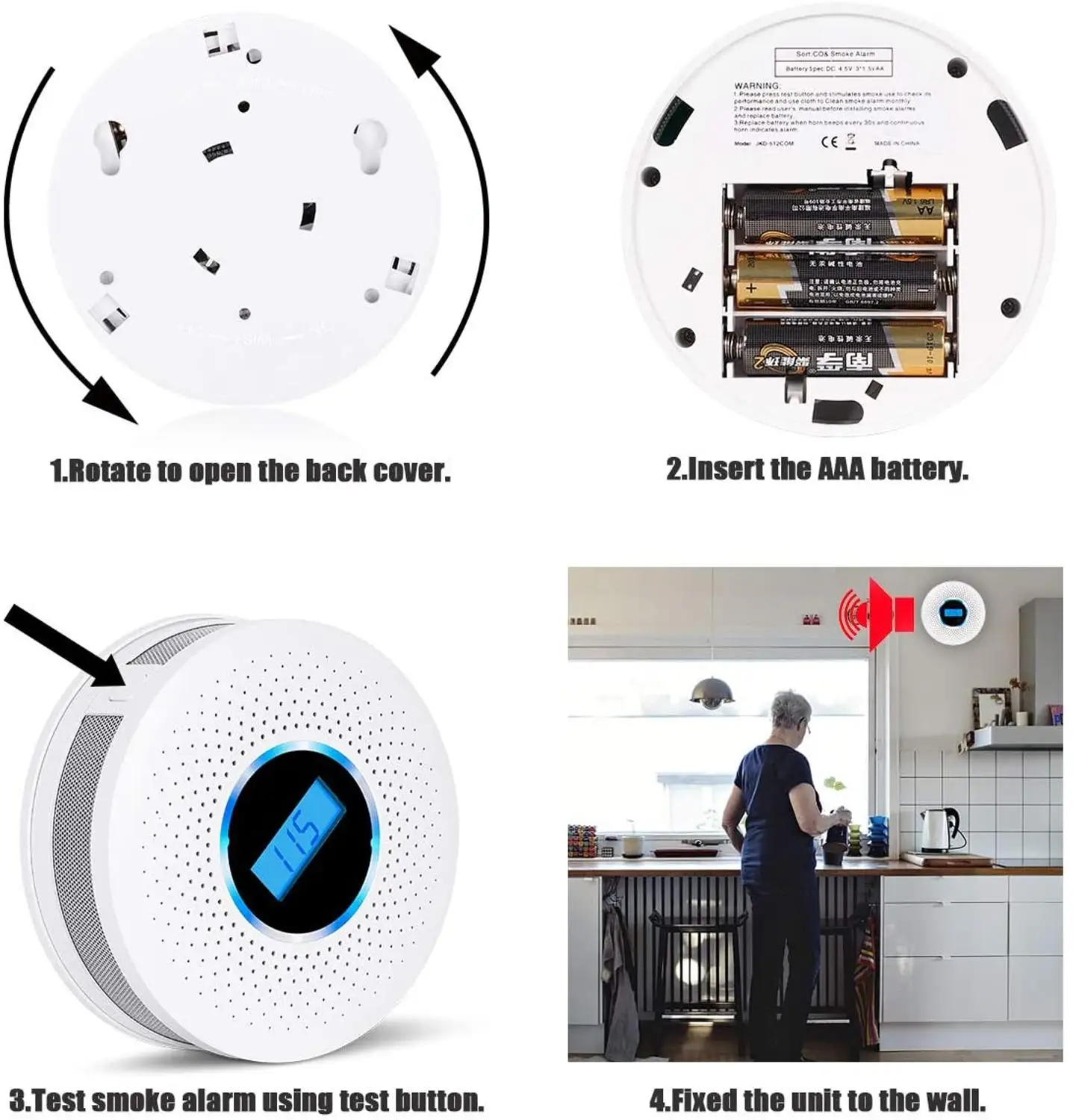 4PCS 2 in 1 Combination Smoke and Carbon Monoxide Detector with Display, Battery Operated Smoke CO Alarm Detector