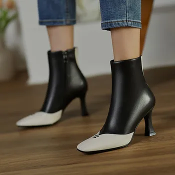 

Designer boots women luxury shoes winter genuine leather boots 2020 autumn british square toe high heels zipper western boots