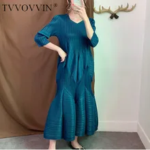 TVVOVVIN, однотонное платье с v-образным вырезом и рукавами в три точки, плиссированное женское платье, Повседневная мода, осень, новинка F979