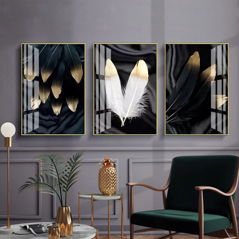 

Modern Black and White Feather Canvas Painting Gold Feather Nordic Wall Art Combined Prints Picture for living room
