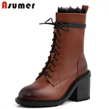 ASUMER Newest hot genuine leather ankle boots women thick fur high heels shoes woman lace up zip vintage winter boots woman