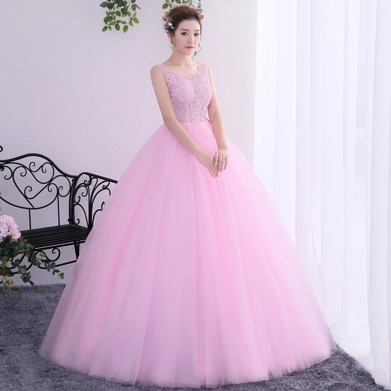 Vestidos de quinceaneras бальное платье розовый с аппликацией Кружева украшенное бисером с длиной до пола корсет сзади женщин пышные Тюль сладкий 16 платье