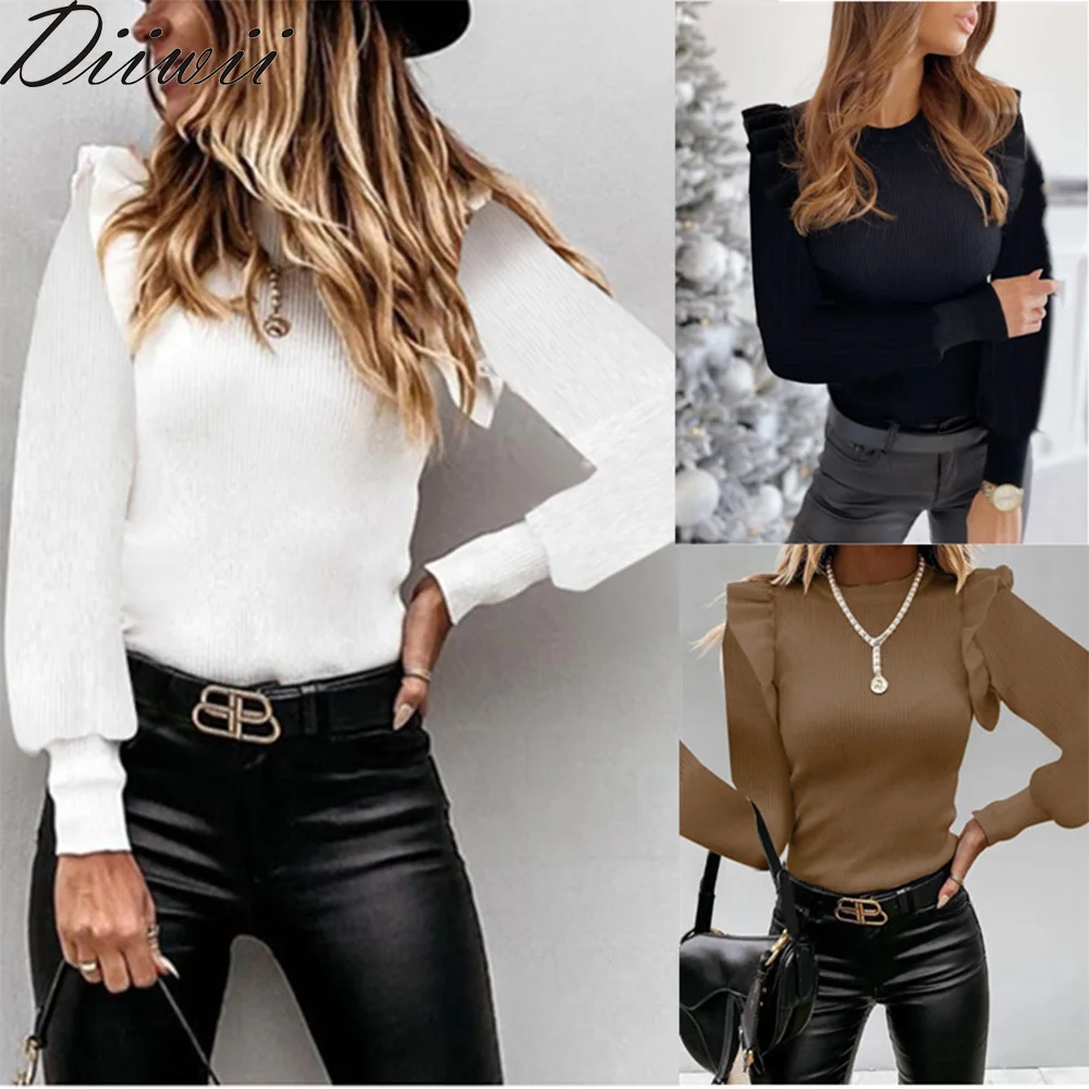 

Diiwii Female Solid Color Ruffle Blouse Shirt 2020 Women Autumn Long Sleeve Pullover Tops Ladies New Casual O-Neck Knit Blusa