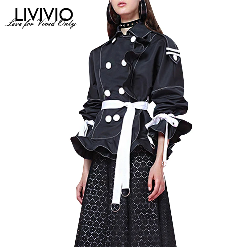 

[LIVIVIO] Korean Lace Up Bowknot Ruffle Womens Jacket Tops Long Sleeve Female Coats Autumn Oversized 2019 Autumn Fashion New