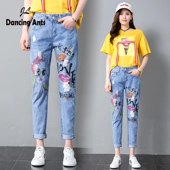 

Woman Jeans High Wasit Loose Casual Harem Pants Korean Style Printed Hole Zipper Fly Slim Denim Ankle-length Pants 2020 Fashion