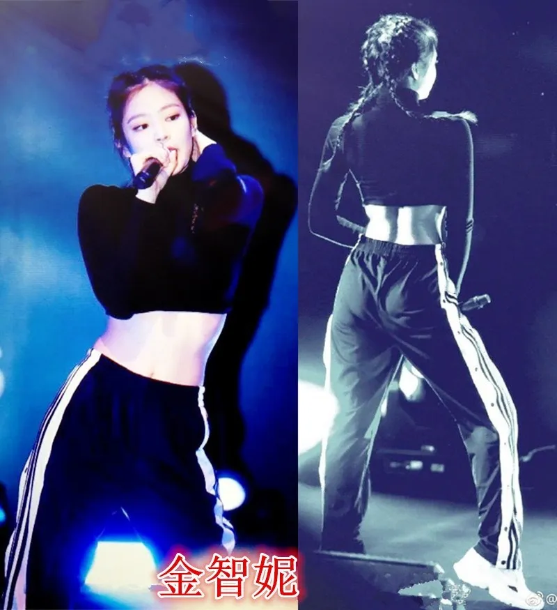 Kpop Blackpink Дженни же Уличная Сексуальная свободная черная высокая Талия Брюки женские корейские разрезные повседневные боковые пряжки широкие брюки