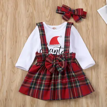 

0-24 Months Newborn Toddler My First Christmas Clothes Baby Girl Clothes Letter Print Romper Plaids Dress Headband Girls Clothes