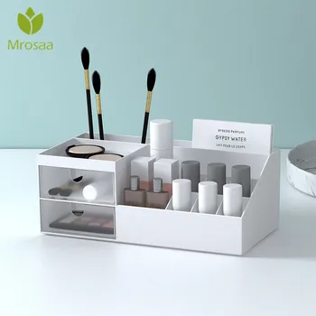 

Plastic Makeup Organizer Make Up Brush Storage box with Drawer Cotton Swabs Stick Comestic Case Stationery Container escritori