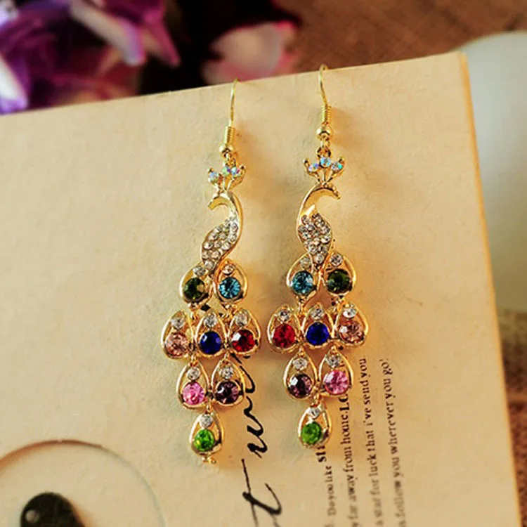

Bohemian Style Ear Stud Delicacy Retro Multi-color Colorful Crystals Peacock Pendant Earrings Accessories Hot Sales