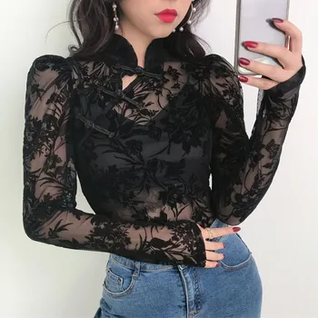 

ZEBERY Chinese Style Button Turtleneck Black Bodysuit Women Flower Sexy Mesh Bodysuits Transparent Long Puff Sleeve Sprint New