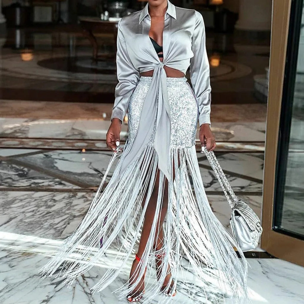 Faldas mujer moda, юбки женские, одноцветные, элегантные, с кисточками, с блестками, из кусков, неровные, Зимняя юбка, jupe femme saia midi