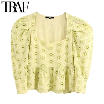 

TRAF Women Fashion Hollow Out Embroidery Ruffle Blouses Vintage Square Collar Puff Sleeve Female Shirts Chic Tops