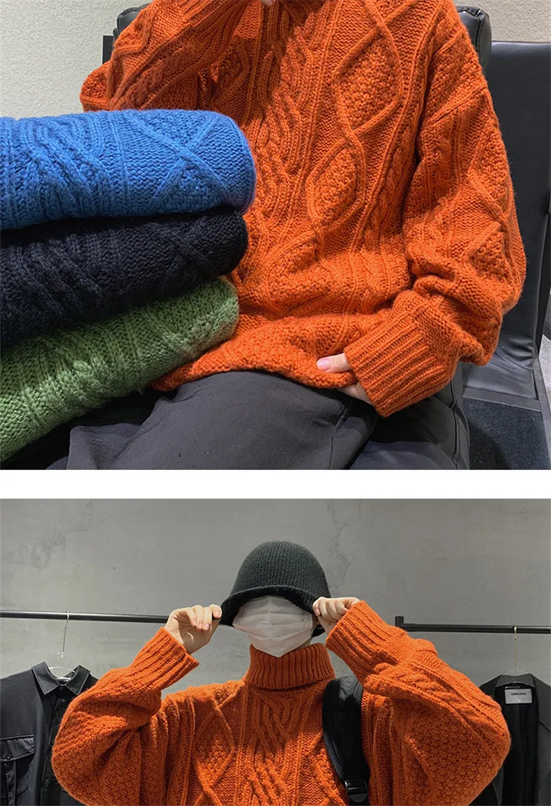 mens hooded cardigan Orange Sweater Men Turtleneck Sweater Men High Neck Cable Knit Sweater Harajuku Vintage Hip Hop Streetwear Jumpers Men Clothes mens oversized cardigan