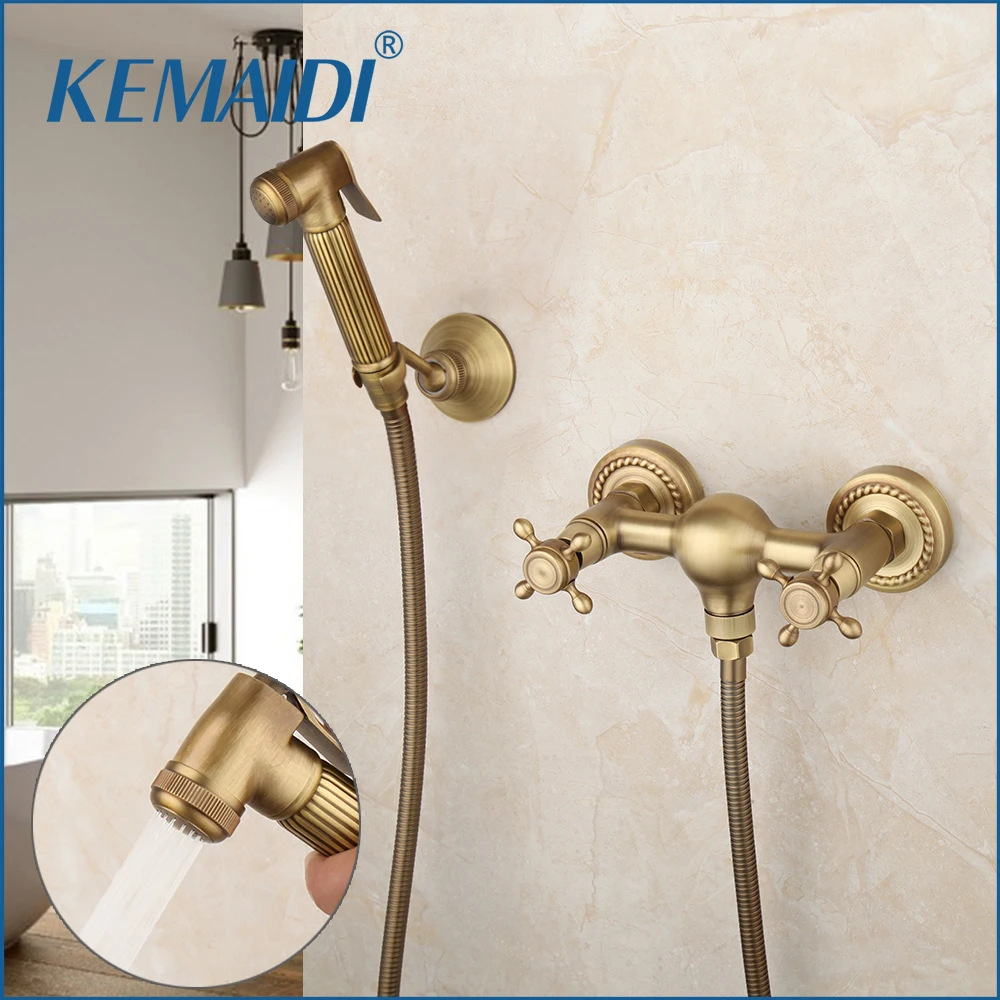 

KEMAIDI Antique Brass Bidet Faucets Wall Mounted Bathroom Shower Toilet Hot Cold Water Faucet With Hand Shower Spray