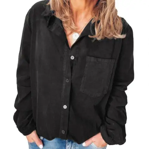 Черный Hot Women Loose Solid Color Corduroy Shirt Turn Down Collar Long Sleeve T-Shirt Casual Button Corduroy Women's Shirt Size S-3XL - Цвет: Черный