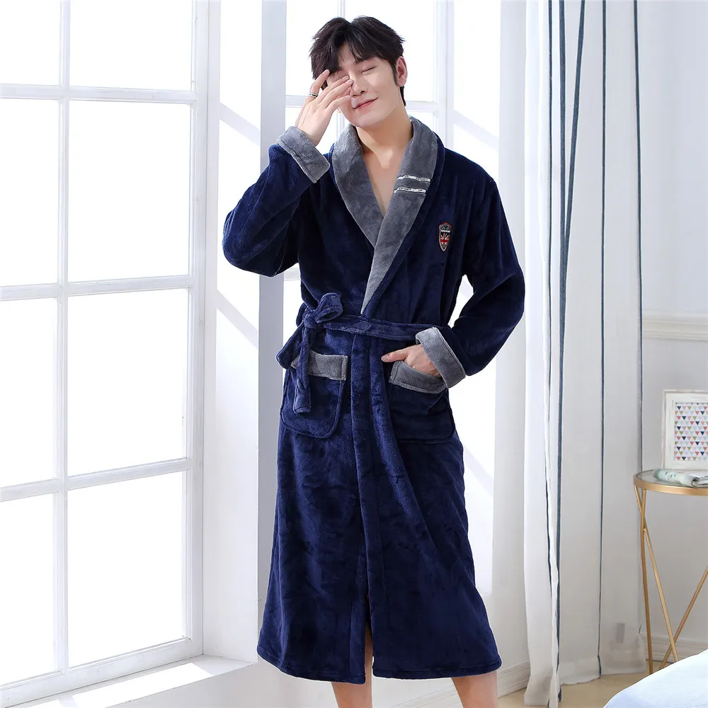 

Casual Full Men Bath Gown Pajamas Winter Keep Warm Soft Kimono Robe Gown Homewear Comfortable Flannel Long Nightwear Nightgown