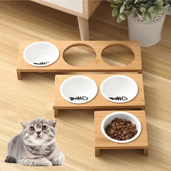 

Fashion Cat Dog Feeders Bowls Bamboo Tableware Ceramic Pet Food Water Bowl High Grade Anti Skid Pet Supplies Dog Cat Bowl