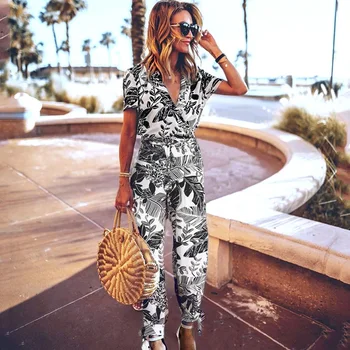 

Leaf Printed Women Jumpsuits Summer Sexy V-Neck Short Sleeve Long Rompers Casual Lace Up Ankle Length Overalls Holiday Playsuits
