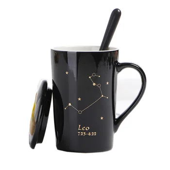 

Creative Ceramic Mugs with Spoon Lid Black and Gold Porcelain 12 Zodiac Constellations Milk Coffee Cup Drinkware Novelty Gifts