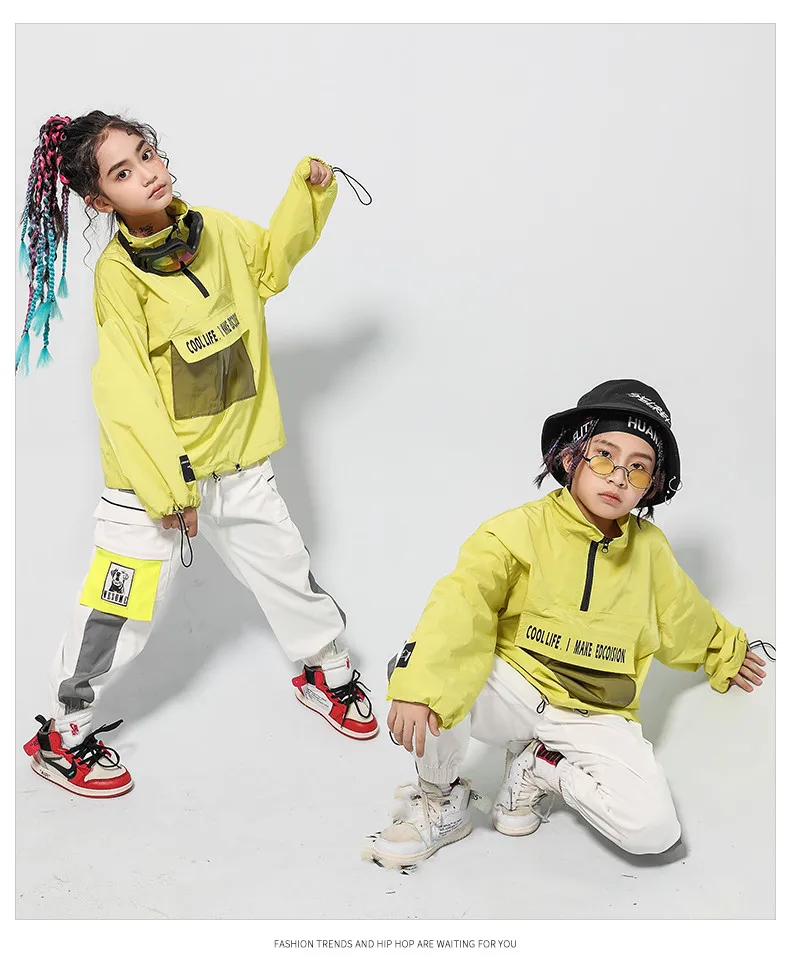 2019 Children's Street Dance Suit Loose Green Jacket White Pants Set Kids Girls Boys Hip Hop Jazz Costumes for Stage Performance (9)