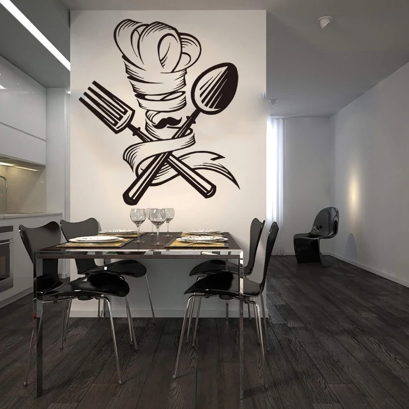 Spoon Fork Chef Moustache Hat Wall Sticker Kitchen Dinning Room  Chef Beard Kitchen Tools Wall Decal Restaurant Vinyl Decor (2)