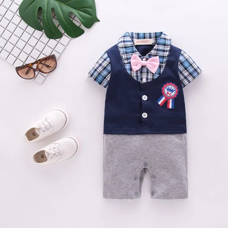 

Summer New Arrival Handsome Plaid Badge Style Short Sleeves False Two Pieces Baby Boy's Jumpsuits/Baby Romper/Kids Clothes 3273