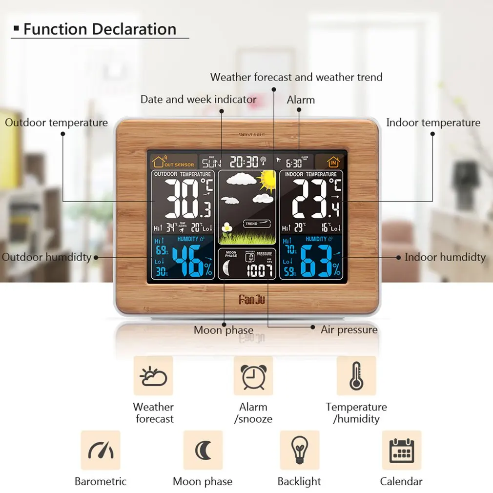 FJ3365-DCF Color Screen Weather Forecast Clock Bamboo Electric Wave Clock Multi-Function Electronic Rf Wireless Calendar US