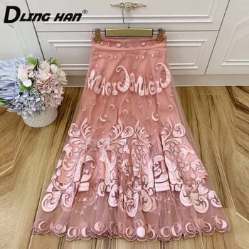 

DLINGHAN Fashion Pink Mesh Embroidery Skirt Women's High waist Big pendulum Long Skirt Designer Autumn New