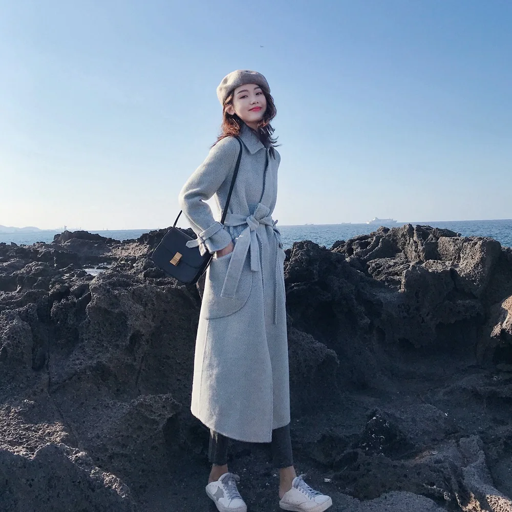 

Photo Shoot 2018 Winter New Style WOMEN'S Dress Retro British Style Long Waist Hugging Herringbone Woolen Jacket Woolen Overcoat