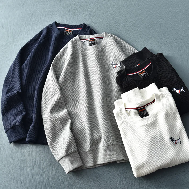 

American Retro Waffle Embroidery Hoodies Men's Pure Cotton Washed Old Round Neck Pullover Knitted Long-sleeved Casual Sportwear