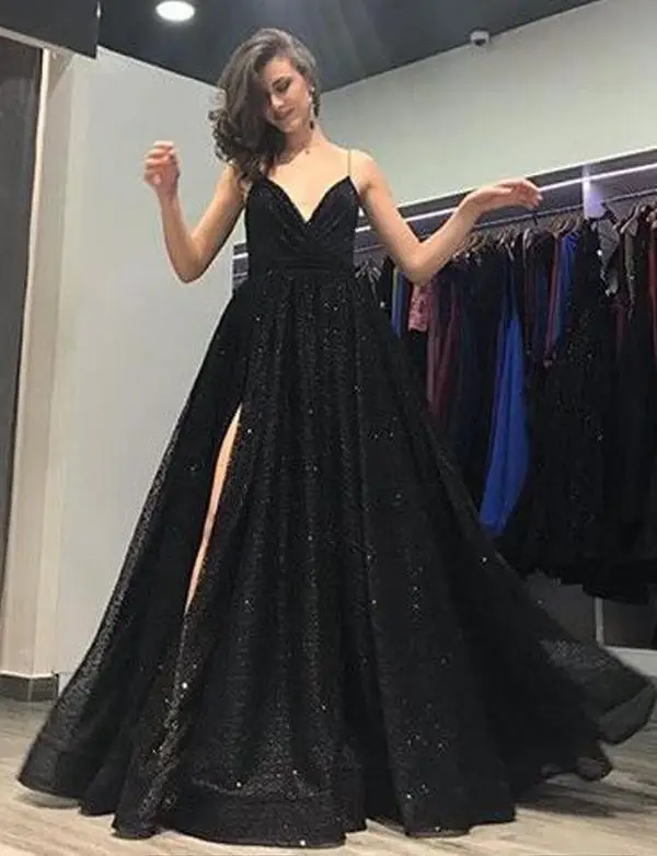 Robe De Soiree, платье для выпускного вечера,, с блестками, v-образный вырез, длинное, вечернее, торжественное платье, на тонких бретелях, с Боковым Разрезом, vestido de festa Abiye