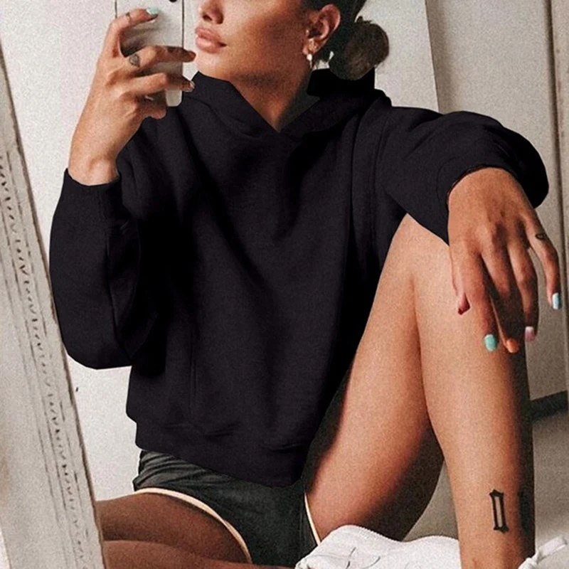 

Stylish Solid Loose Short Sweater New winter Autumn Women Long Sleeve Hoodies Casual Hooded Sweatshirts Tops Pullover Coat