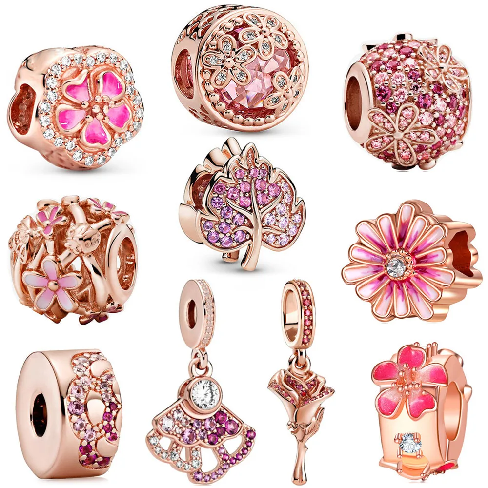 

New Arrive Beautiful Rose Gold Flowers Pendant DIY Beads Suitable for Original Pandora Charm Bracelet Ladies Jewelry Making Gift