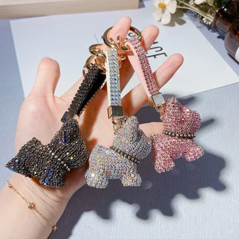 

Luxury Crystal French Bulldog Keychain Lanyard Full Rhinestone Leather Strap Dog Keychains Women Bag Charms Men Car Key Ring