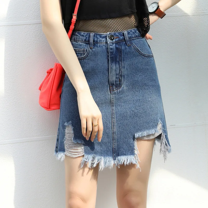 

2018 Summer New Style Korean Version of the Package Hip Denim Skirt Women's High-waisted Slimming A- line Skirt Irregular Studen