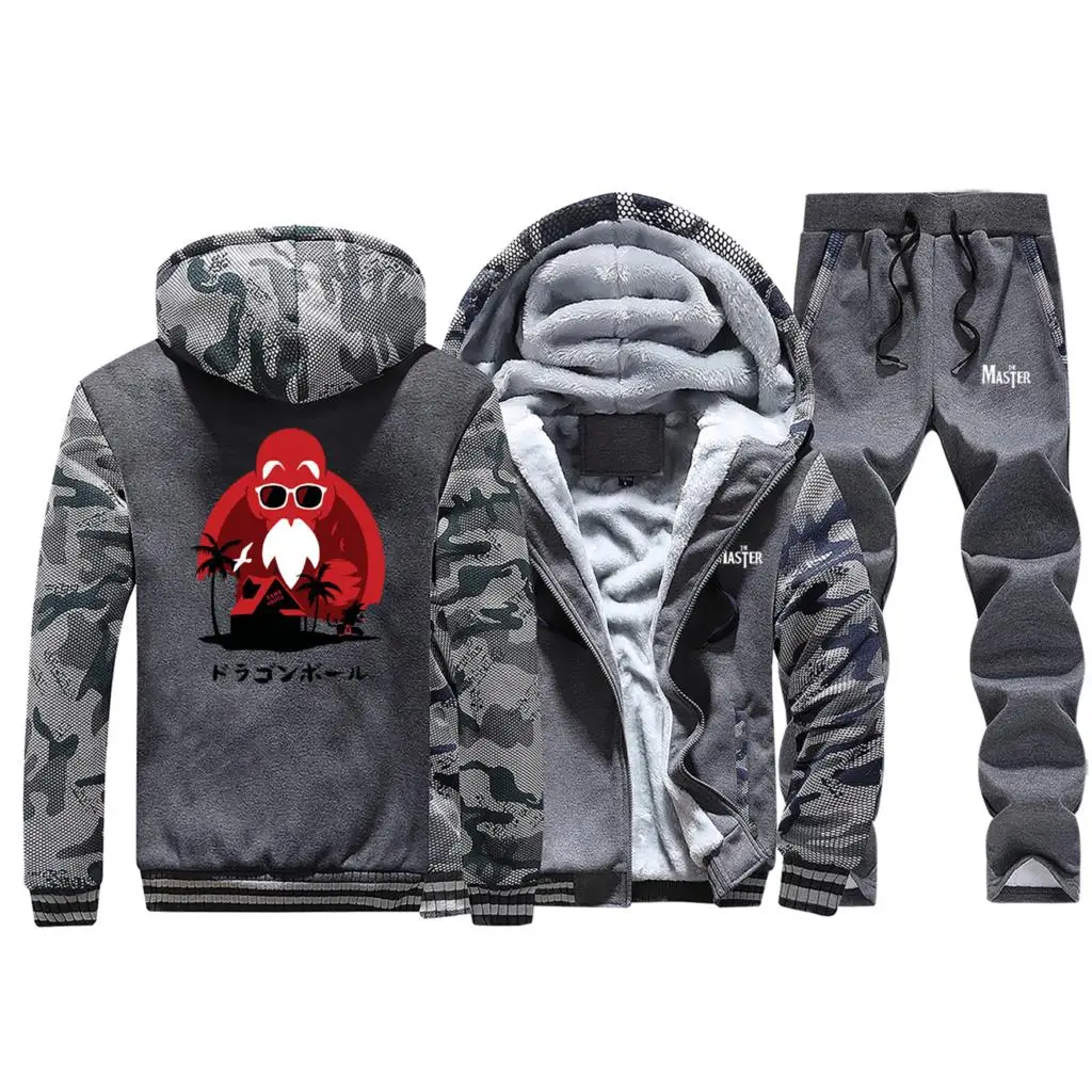Dark Gray Смешной Мастер Роши печати толстый Свитшот Dragon Ball Z мужские толстовки Аниме Мужская куртка+ брюки 2 шт. наборы Повседневный зимний теплый костюм - Цвет: Dark Gray