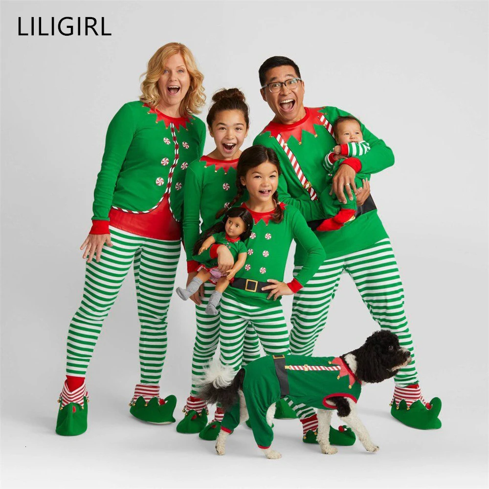 

LILIGIRL Christmas Family Matching Pajamas Sets Adult Women Kids Xmas Stripe Print Nightwear Sleepwear Clothes Outfit