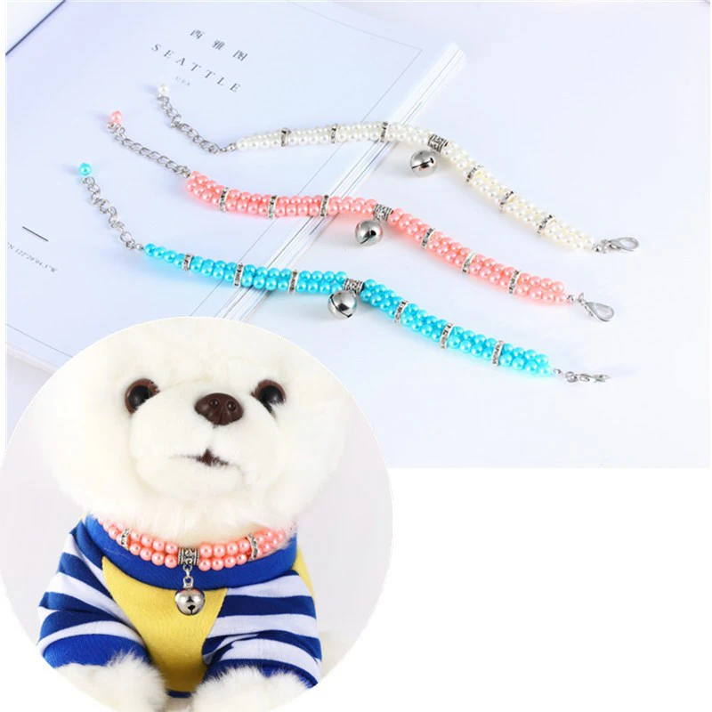 

2 Row Pet Pearls Dog Necklace Collar Necklace With Bell Pendant Pet Jewelry Accessories 3 Colors