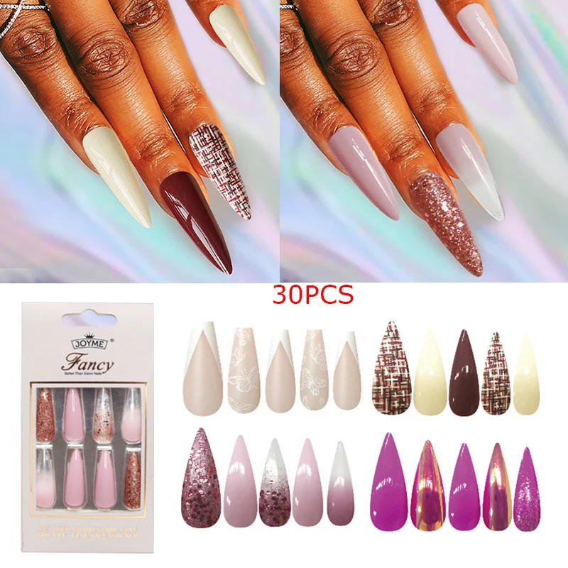 1 Box Of Blue Butterfly Fake Nails Ballerina Leopard Design Fashion Grey New Artificial Long Pink Sequined Nail Art | Красота и