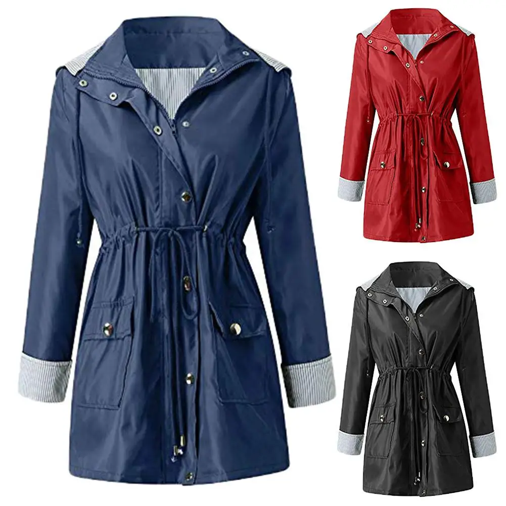 Plus Size Women Trench Solid Color Lapel Long Sleeve Waist Drawstring Hooded Dust Coat Elegant Bandage Windbreaker