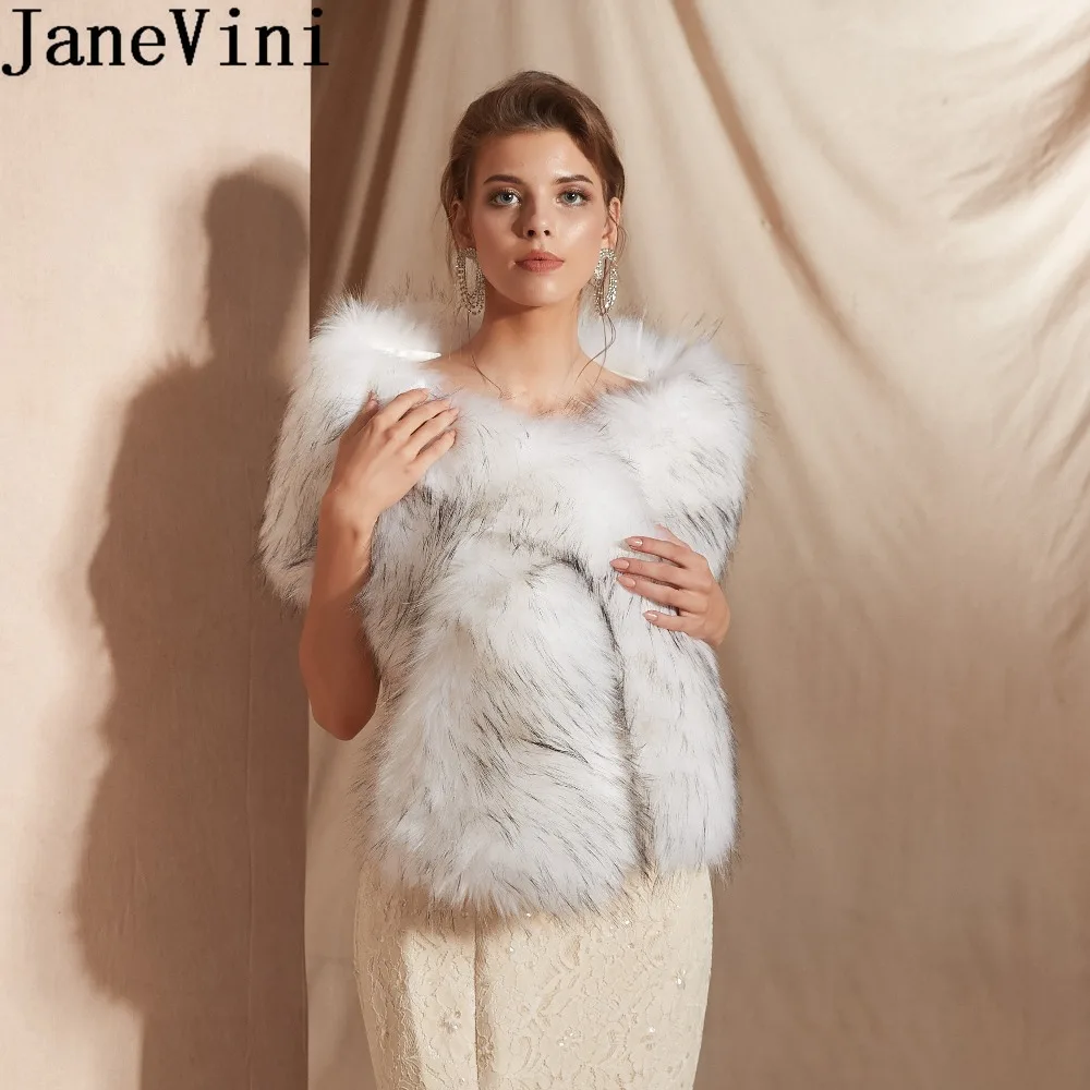 JaneVini зимнее свадебное меховое пальто серое из искусственного меха накидка для невесты Женская вечерняя Куртка болеро верхняя одежда