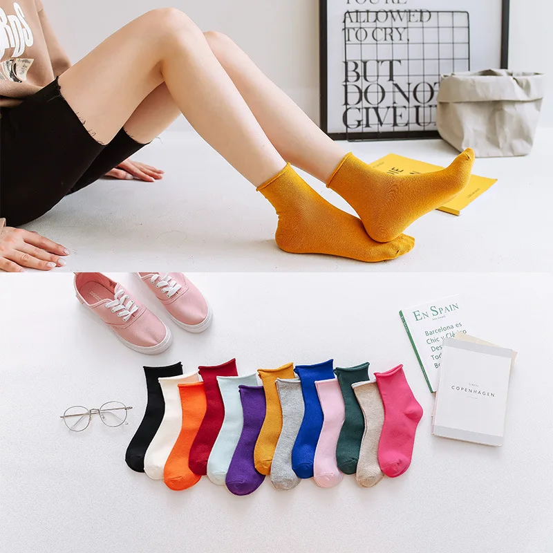 

5Pairs/Lot Autumn/Winter Women Socks Candy Colors Crimping Cutton Japanese Style Pile Solid Cute EU34-40 Slouch Socks Women