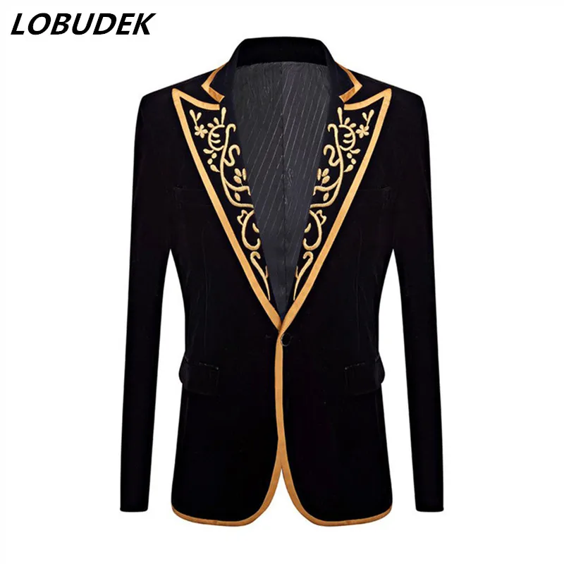 

European Style Court Tuxedo Gold Embroidery Lace Black Velvet Blazer Wedding Groom Slim Suit Jacket Bar Stage Performance Clothe