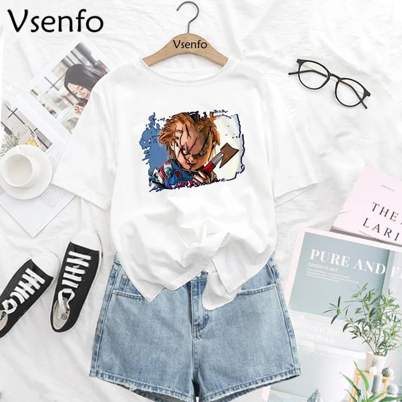 

Chucky Horror T Shirt Harajuku Cool Women Tshirt Streetwear Ulzzang Tee Shirts Summer T-shirts Fashion Female Femme Tshirt Tops