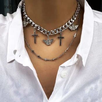 

IngeSight.Z 2Pcs/Set Punk Multi Layer Curb Miami Cuban Necklaces Collar Statement Angel Cross Pendant Necklace for Women Jewelry