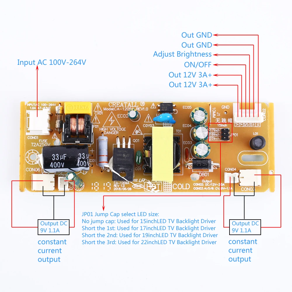CA-1209A AC-DC светодиодный Телевизор с подсветкой светодиодный Инвертор постоянного тока блок питания для 15-22 дюймов светодиодный телевизор