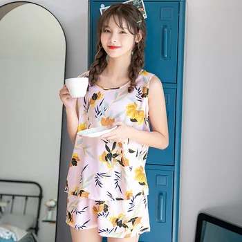 

JULY'S SMTWB Women's Pajamas Set 2 Pieces Sleeveless Floral Printed Sleepwear O-neck Elastic Waist Short Women's Nightwear