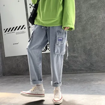 

2019 Autumn New Korean Version Of Harajuku Trend Loose Straight Wild Nine Points Men's Tooling Casual Jeans