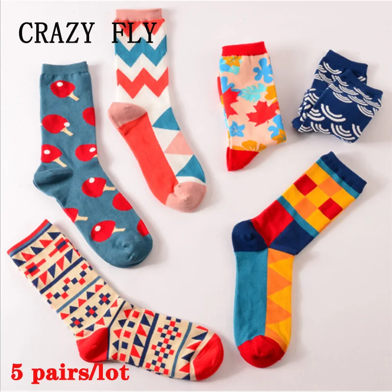 Магазин CRAZY FLY 2020 женские хлопковые счастливые носки с красочным узором Harajuku