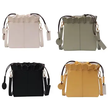 

Sweet Fashion Lady Single Shoulder Diagonal Package Spring Summer Curling Ruffled Lace Drawstring Small Bucket Bag LX9F